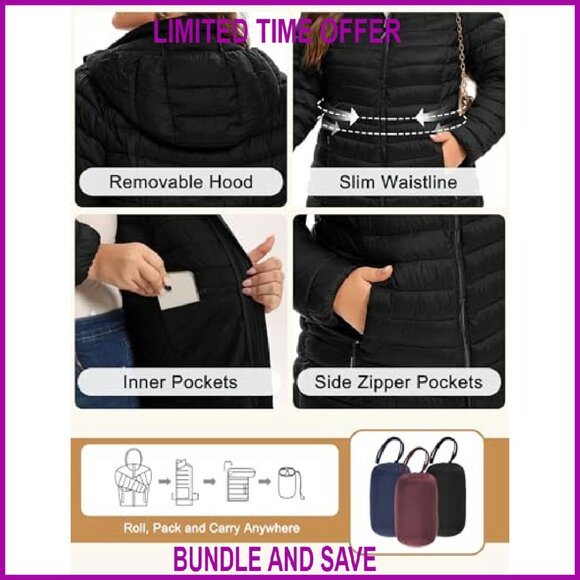Plus Size Lightweight Puffer Jacket with Detachable Hood Packable Winter Coat - Picture 6 of 7